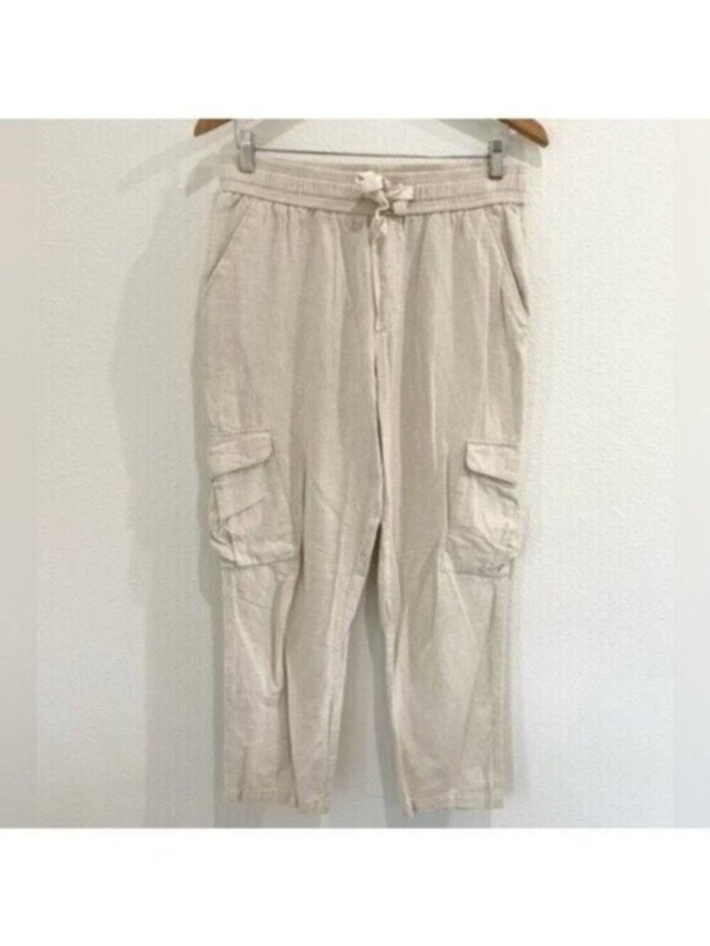 Zara Neutral Cargo Linen Ankle Pants Relaxed Fit Boho Coastal Cream